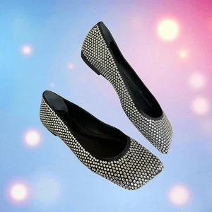 Schutz Jaycie Shine Silver Rhinestone & Black Flats Shoes Women Sz7.5 NEW NWOB - Picture 1 of 13