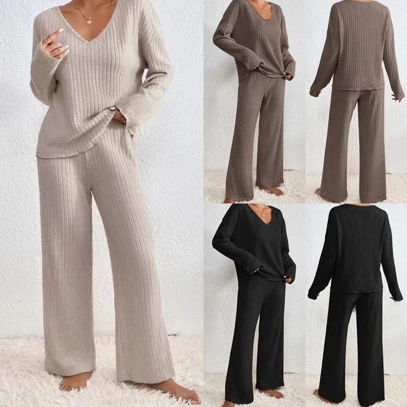 2PCs Ladies Lounge Wear Tracksuit Ribbed Knit Loose V-Neck Tops Pants Casual Set - Image 1 of 4
