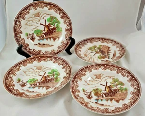 VINTAGE JAPAN IRONSTONE-TRANSFER WARE WIND MILL 4 BROWN BOWLS H79-4/1 - Picture 1 of 9