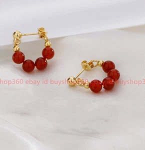 Handmade Natural 6mm Red Carnelian Gems Round Beads Stud Dangle Earring - Picture 1 of 12