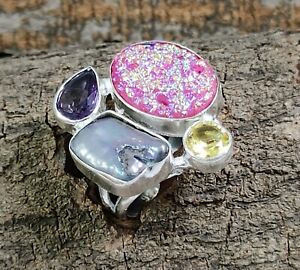 Pink Druzy Biwa Pearl Amethyst Gemstone Jewelry Silver Ring Size 6.25 R-219
