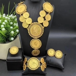 NEW 5 piece Gold Plated Women's Jewelry Set Coins BOLD necklace Earrings Ring - Picture 1 of 1