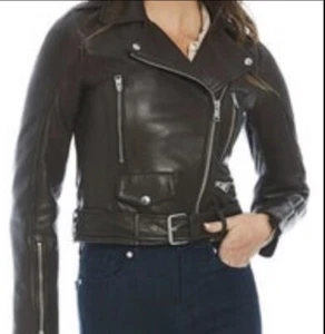 Gianni Bini Genuine Leather Moto Jackets Chocolate Brown  Sz XS Belted $349 NWT - Picture 1 of 12