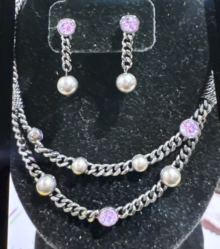 Orecchini e collana vintage firmati Givenchy doppia catena strass viola canna di fucile