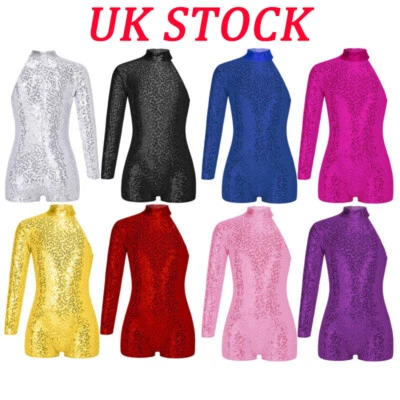 Girl Shiny Sequin Modern Dance Leotard One Shoulder Bodysuits Jumpsuit Dancewear - Image 1 of 3