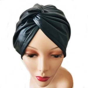 Black Leather Turban-Black Turban-Cross Turban -Faux Leather Turban - Picture 1 of 8