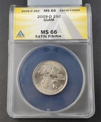 2009 D 25c Guam Territory Quarter ANACS MS66 SATIN FINISH SMS - Image 1 of 4