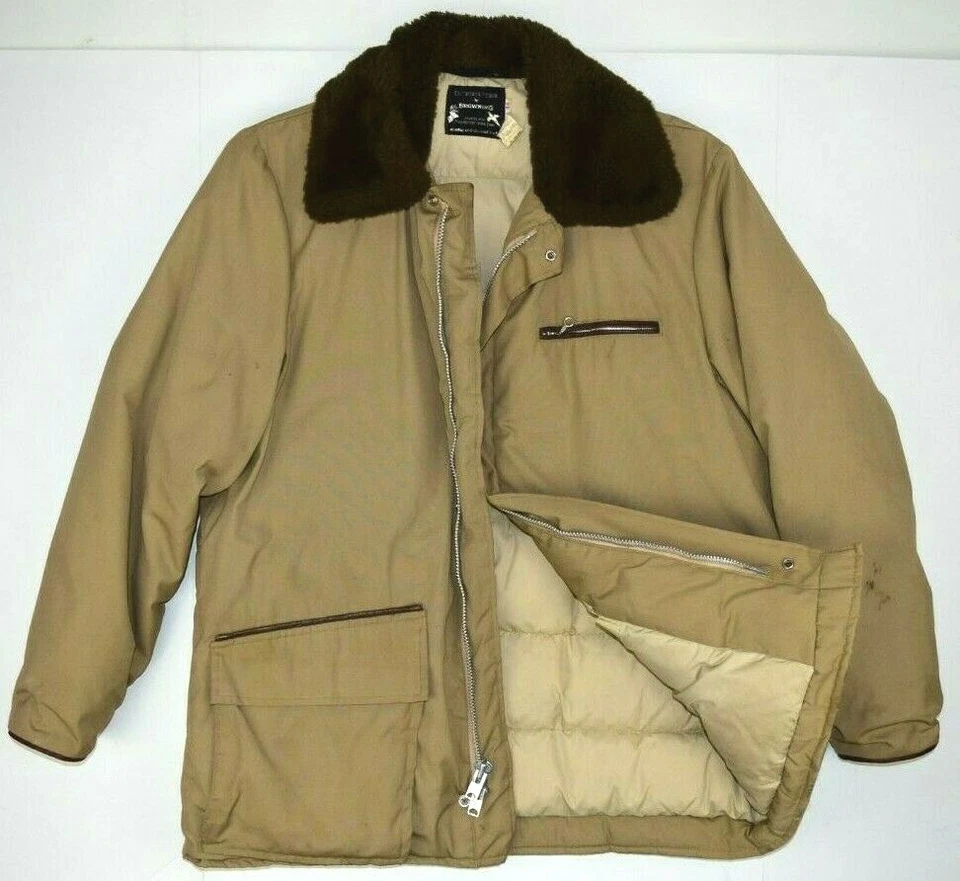 Vintage Browning Goose Down Coat Sz 44 M/L 60s Faux Fur Collar Khaki Coat Grunge - Image 1 of 4