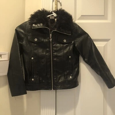 Girls Guess jacket Size 6 Los Angeles Black Zippered  faux Leather With Faux Fur - Image 1 of 4
