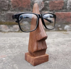 Carved Wood Wooden Eyeglass Glasses Holder Nose Face Shaped Stand H - Picture 1 of 4