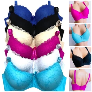 Pack 6 Women Soft Lace Lightly Padded Supportive Full Cup Bra Underwire 6629 40D - Picture 1 of 10