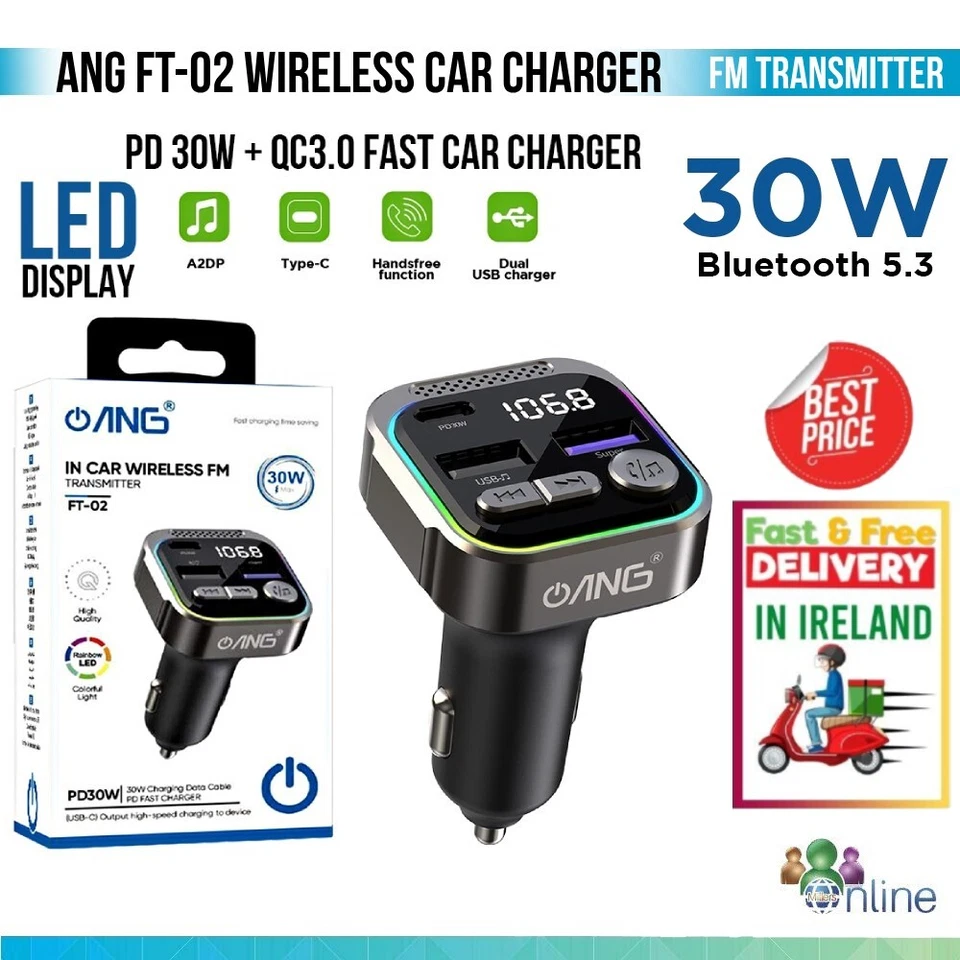 ANG FT-02 30W With FM Transmitter Car Charger Bluetooth 5.3 Wireless & Type-C Foto 1 de 1