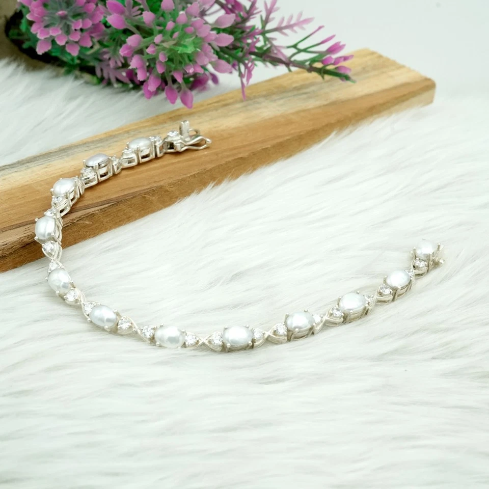 Pulseira de tênis feminina de prata esterlina 925 Pearl & CZ feita à mão - Imagem 1 de 4