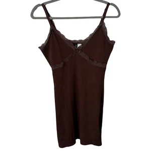 H&M Y2K braun Spitzenbesatz gerippt kokett tailliert figurbetont Slip Minikleid Medium - Bild 1 von 5