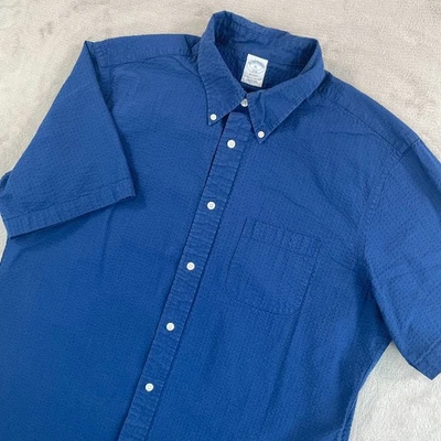 Camisa Brooks Brothers Regent Fit Hombre XL Azul Marino Seersucker Manga Corta Preppy Foto 1 de 4