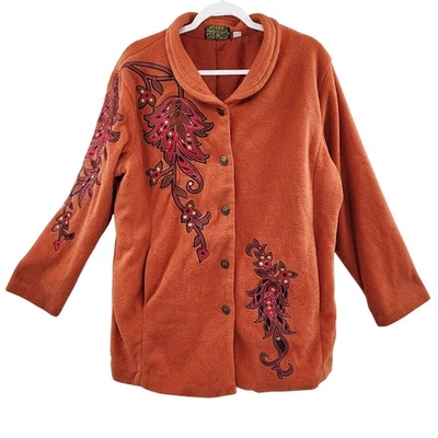 Vintage Bob Mackie Wearable Art Orange Embroidered Fleece Jacket Women's Size L - Image 1 of 4