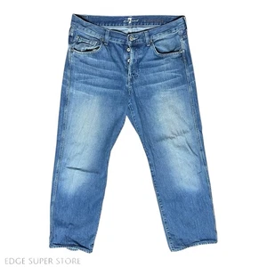 7 For All Mankind A Pkt Relaxed Solid Blue Denim Cotton Pants Jeans Size 34 X 30 - Picture 1 of 6