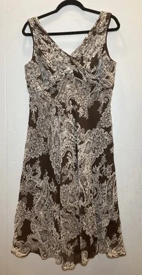Adrianna Papell Brown Paisley Silk Fit & Flare Babydoll Midi Dress Size 16 Fairy - Image 1 of 4