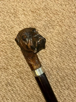 Victorian Walking Stick - Hand-Carved Boxer Top & Hallmarked 1900 Silver Collar - Image 1 of 4