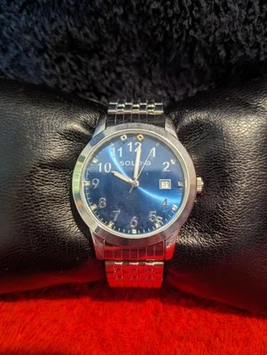 Solo Silver Quartz Watch with Deep Blue Sunburst Dial and Date Window – Working - Image 1 of 4