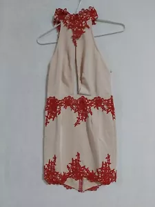 Angel Biba Womens Beige Red Lace Dress Halter Neck Open Back Size 10 (1187) - Picture 1 of 6