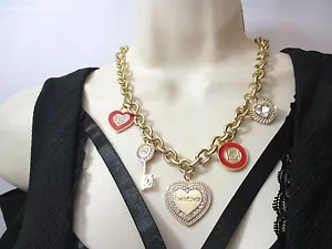 NWT BEBE HEARTS AND CHARMS NECKLACE, BEAUTIFUL GOLD TONE NECKLACE! - Picture 1 of 12