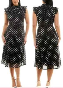 NEW Nina Leonard SZ XL Printed Smock Neck Midi Dress BLACK & POLKA DOT SZ XL - Picture 1 of 5