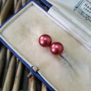 Honora 925 Sterling Silver Earrings, Red Freshwater Pearls Stud Earrings  - Picture 1 of 7