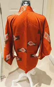 Vintage Ladies' Japanese Orange ‘Diamonds & Squares ’ Kimono Haori Jacket 10-14 - Picture 1 of 17
