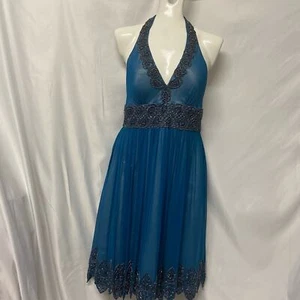 Adrianna Papell Evening Dress Beaded Size 6  Halter Beautiful Turquoise Blue - Picture 1 of 13