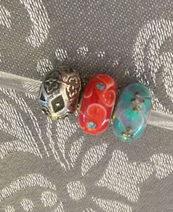 Authentic Trollbeads Flower Red/Turquoise Set/Lot 3 Beads