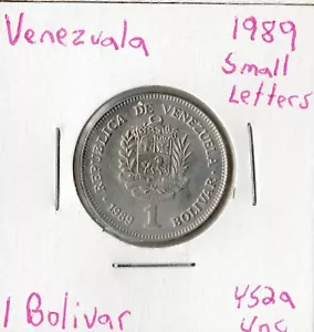 Moneda Venezuela 1 Bolívar 1989 Y52a, letras pequeñas - Imagen 1 de 2