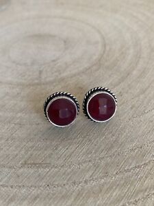 Natural Faceted Ruby Stud Earrings Sterling Silver 925 Plated Dark Pink Round