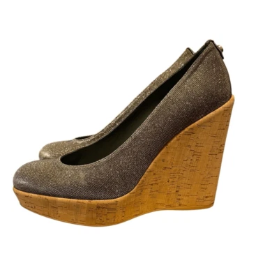 Bombas Stuart Weitzman Plata/Dorado Brillo Tela Lúrex Corcho Cuña Plataforma 10 Foto 1 de 4