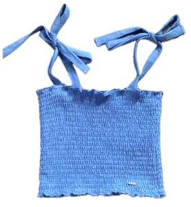 Hollister Blue Smocked Cottage Peasant Prairie Festival Tie Shoulder Crop Top MD - Picture 1 of 7