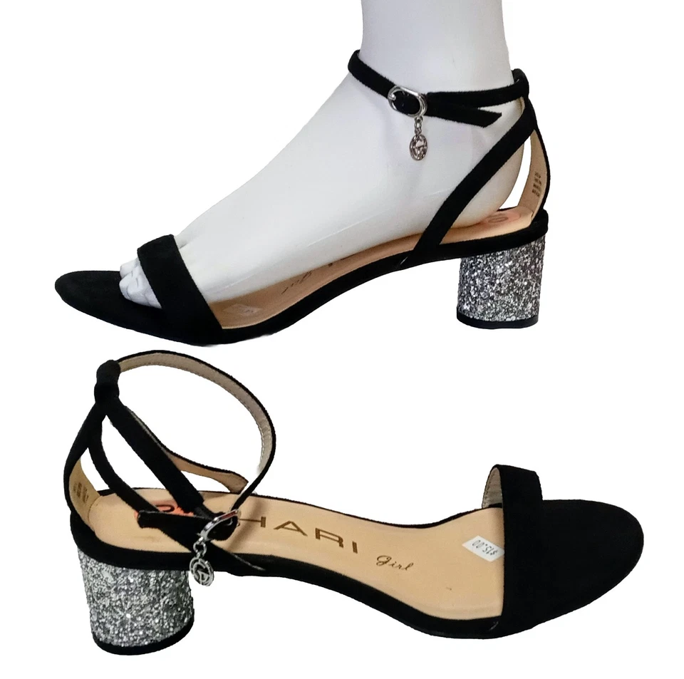 Tahari Girl Womens Caitie Sz 10 Heeled Black/Silver Sandals ROUND Glitter Heels - Image 1 of 4