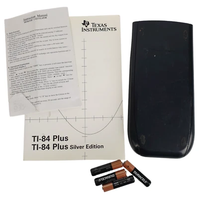 Vtg Texas Instruments TI-84 Plus Graphing Calculator Black Works Cover Manual - Image 1 of 4