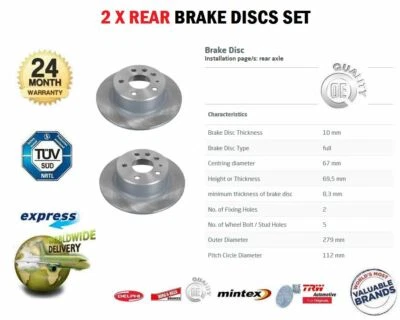 Rear Axle SOLID BRAKE DISCS for MERCEDES BENZ PONTON 190 b 1959-1961 (Dia 279mm) - Image 1 of 4