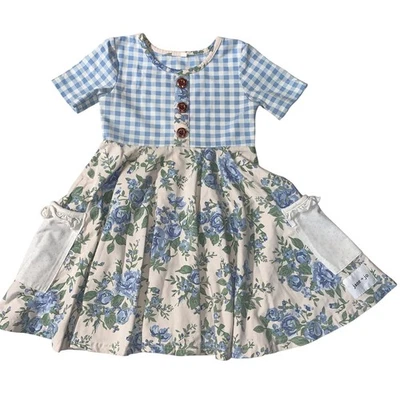 Vestido Jane + Jo Niñas Azul Guinga Floral Volantes Talla 3T Cuento de Hadas Algodón Defectos Foto 1 de 4