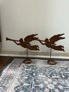 Rustic Metal Art Angel Pillar Candle Holders Set Of 2 Gabriel Angels Primitive - Picture 1 of 8