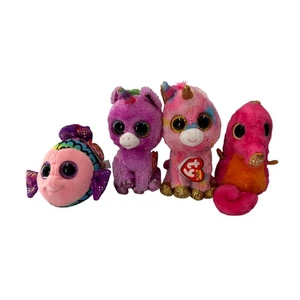 Ty Beanie Boos Plush Set Of 4 Unicorns & Fish  Seahorse Fantasia Flippy Rosette - Picture 1 of 19