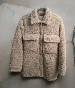 H&M Cazadora de Peluche Imitación Sherpa Doble Bolsillo Botón Beige Neutro Para Mujer S - Imagen 1 de 12