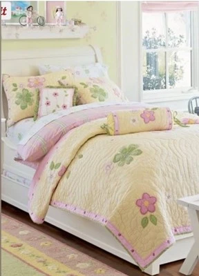 Pottery Barn Kids Floral Appliqué Embroidered Quilt Reversible Yellow/Pink 84x86 - Image 1 of 4
