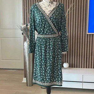 Max Studio Floral Print Faux Wrap Dress Long Sleeve Green Brown Trim XL - Picture 1 of 9