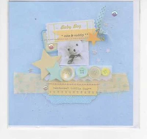 CARTE-NAISSANCE-BLEUE-NEUVE-15,3 cm X 15,3 cm-DECORS-NOUNOUR ET BOUTONS BRILLANT - Picture 1 of 1