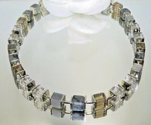 Halskette Würfelkette Cube Labradorit Glas grau dunkelgrau Edelstahl 092p - Bild 1 von 4