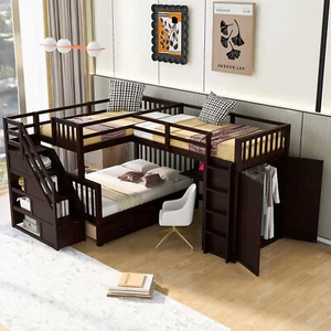 Twin-Twin over Full L-Shaped Bunk Bed Frame W/ 3 Drawers/ Desk/Wardrobe Espresso - Picture 1 of 23