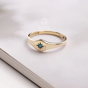 14K Gold North Star Ring, Turquoise Polar Star Band, Gold Turquoise Star Ring - Picture 1 of 6