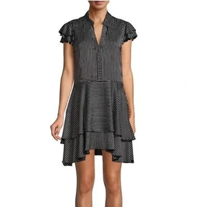 Alice+Olivia Moore Pinstripe Ruffle Shirt Dress Black White Size 4 NWT - Picture 1 of 10