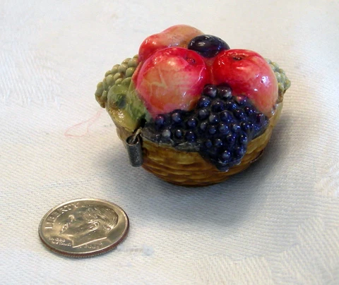 Antique Celluloid Miniature TAPE MEASURE Basket of Fruit Sewing Germany Cover